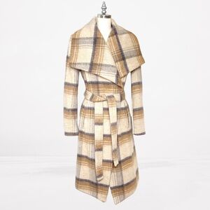 BCBGeneration Wool Belted Plaid Wrap Coat Tan Cream Winter Peacoat Small New